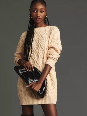 NWT!! Mare Mara x Anthropologie Cream Cable-Knit Sweater Dress Sz L B39